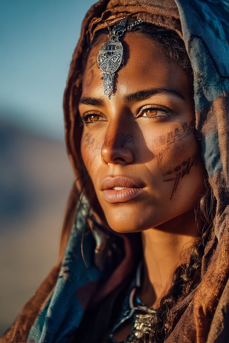 Femme tete oeil oreille cou boucle bijou accessoire cicatrice tribal ethnique culture tradition desert air soleil Une femme à l'expression sérieuse se tient dans un cadre extérieur. Elle a des tatouages tribaux noirs complexes sur son visage, y compris sur son front, ses joues et son menton. Elle porte un foulard marron et bleu qui couvre ses cheveux, et un ornement en argent est attaché à son front. Ses yeux sont en forme d'amande, et elle a un petit grain de beauté sur sa joue droite. L'arrière-plan est flou, suggérant un environnement sablonneux ou désertique.