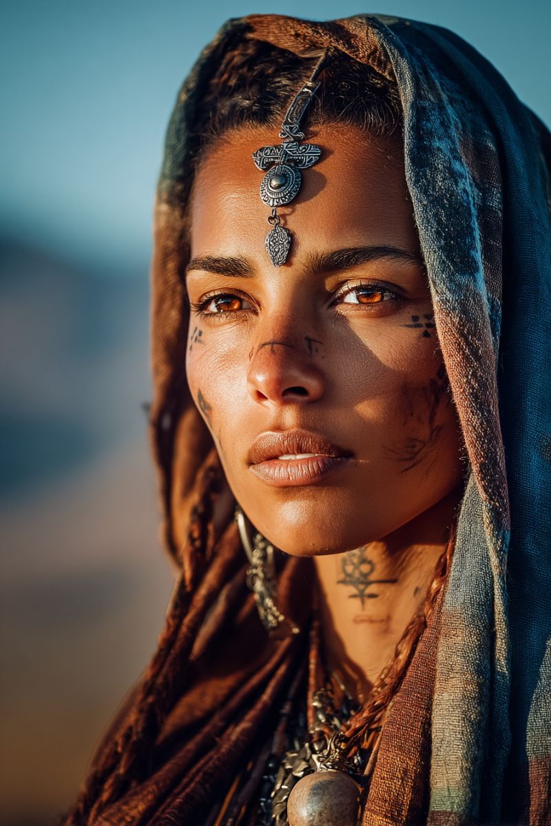 Woman head scar ear earring neck necklace jewelry clothing scarf cloth fabric material texture accessory item A woman with a serious expression is standing in a desert-like environment. She has intricate tattoos on her face, including a design on her forehead, around her eyes, and on her cheeks. She is wearing a blue and brown headscarf that covers her hair, and a silver headdress with a large pendant. She also has a necklace with a large pendant and earrings. The background is a clear blue sky.