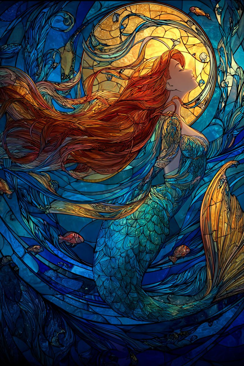 Mermaid fantasy mosaic underwater fish sea ocean water colorful beautiful mythical creature design pattern texture stained glass A mermaid with long flowing red hair is depicted in a stained glass style illustration. She has a green tail with a pattern of blue and yellow scales. She is looking up, possibly at the sun, which is shining through a circular stained glass window behind her. The window is filled with various colors and shapes, including fish and other sea creatures. The mermaid is surrounded by a blue and green background with a few fish swimming around her.