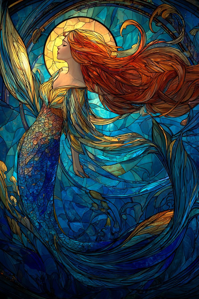 Mermaid mosaic fantasy painting water fish waves sun colorful beauty underwater mythical creature ocean wings stained glass Une oeuvre d'art en vitrail vibrante représente une sirène aux cheveux et aux ailes flottants. La sirène a une queue bleue scintillante avec des écailles, et son haut du corps est orné d'une robe dorée et bleue. Elle regarde vers le bas, et ses cheveux flottent gracieusement derrière elle. L'arrière-plan présente un soleil avec des motifs complexes, et le design global est riche en couleurs, incluant des bleus, des jaunes et des oranges