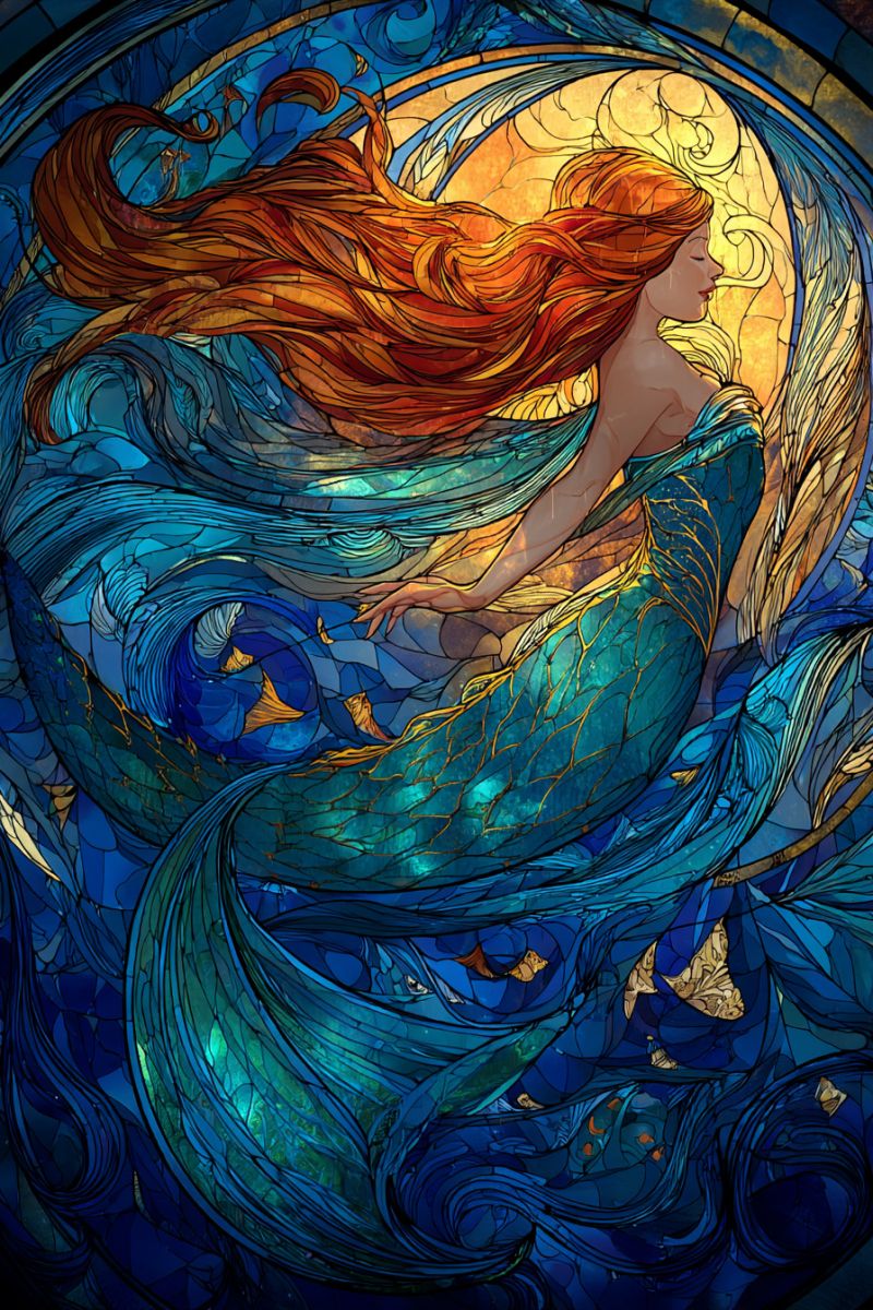 Sirene fantaisie eau vagues poisson verre ecailles queue nageoires Une sirène aux cheveux roux flamboyants et à la longue queue ondulante est représentée dans un style de vitrail. Elle a une expression sereine et regarde vers le bas. Sa queue est ornée de motifs complexes et de nuances de bleu et de vert. Le fond présente un design circulaire avec un mélange de teintes bleues, jaunes et orange, créant une atmosphère vibrante et mystique.