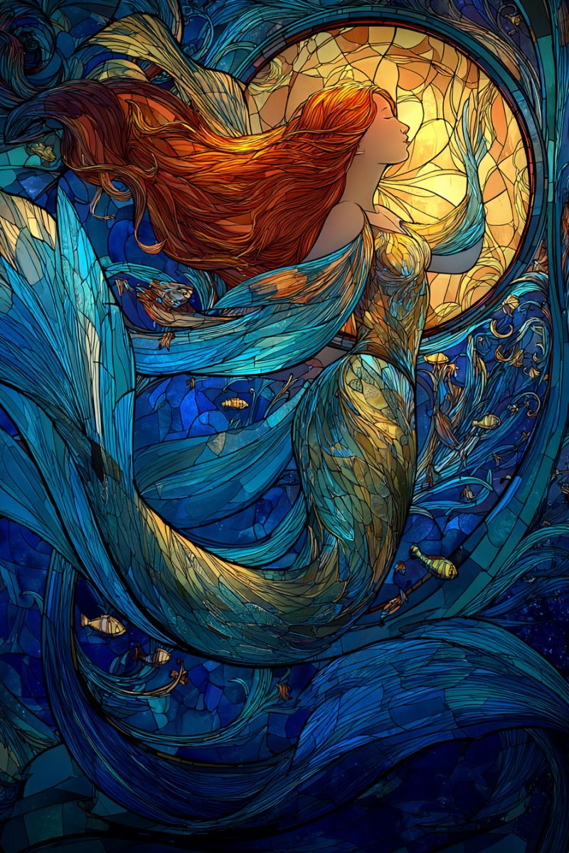 Mermaid fantasy mosaic fish underwater sea ocean water colorful pattern texture design beauty nature mythology stained glass Une oeuvre d'art en vitrail vibrante représente une sirène aux cheveux rouges ondulants et à la queue dorée. Elle nage gracieusement dans une mer de teintes bleues et vertes, entourée de divers poissons et créatures marines. L'arrière-plan présente une fenêtre circulaire aux motifs complexes, projetant une lumière chaude et dorée sur la sirène. La composition globale est riche en couleurs et en détails, mettant en valeur la beauté de l'art du vitrail
