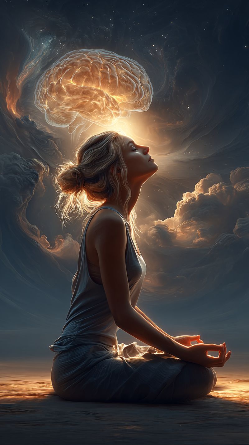 Meditation woman brain clouds night sky dream fantasy imagination inspiration mindfulness zen calm peaceful contemplation spirituality A woman sits cross-legged on the ground, her eyes closed, and her hands in a meditative pose. She wears a sleeveless top and has her hair tied back. Above her, a glowing brain-like structure floats against a back of swirling clouds and stars. The sky is dark, with a warm, golden light emanating from the brain, casting a soft glow on the woman and the surrounding area.