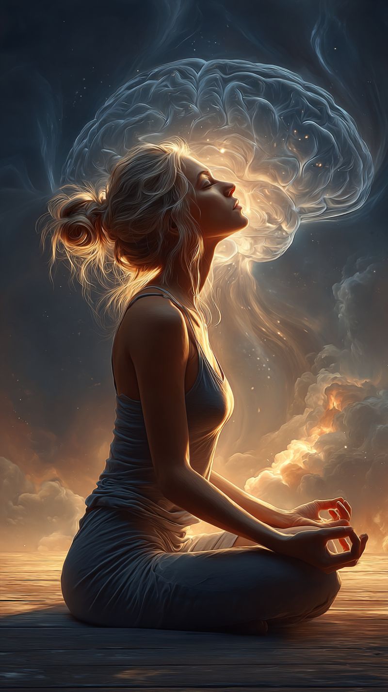 Meditation yoga conscience spiritualite zen relaxation auto reflexion calme equilibre harmonie contemplation tranquillite serenite paisible paix inter Une femme est assise en tailleur sur un sol en bois, les yeux fermés dans une profonde méditation. Elle porte un débardeur et a ses cheveux attachés en un chignon lâche. Au-dessus de sa tête, une structure flottante ressemblant à un cerveau, lumineuse et éthérée, émet une lumière dorée et chaude qui semble émaner de son front. L'arrière-plan est un mélange de nuages sombres et fumeux et de teintes ardentes, créant une atmosphère mystique et sereine. La scène globale transmet un sentiment de tranquillité et d'introspection.