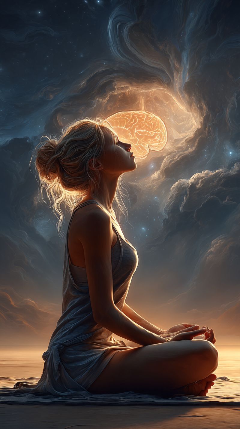 Meditation woman yoga mindfulness spirituality zen contemplation self reflection cosmic galaxy brain inspiration fantasy dreamlike surrealism inner A woman sits cross-legged on a beach at sunset, her hair tied back in a bun. She wears a sleeveless dress and gazes upward, her face illuminated by a glowing brain-like shape above her. The sky is a mix of deep blues and oranges, with swirling clouds and stars. The brain shape is bright and detailed, with a soft glow that contrasts with the darker clouds around it. The woman's posture is relaxed, and she appears to be in a meditative state.