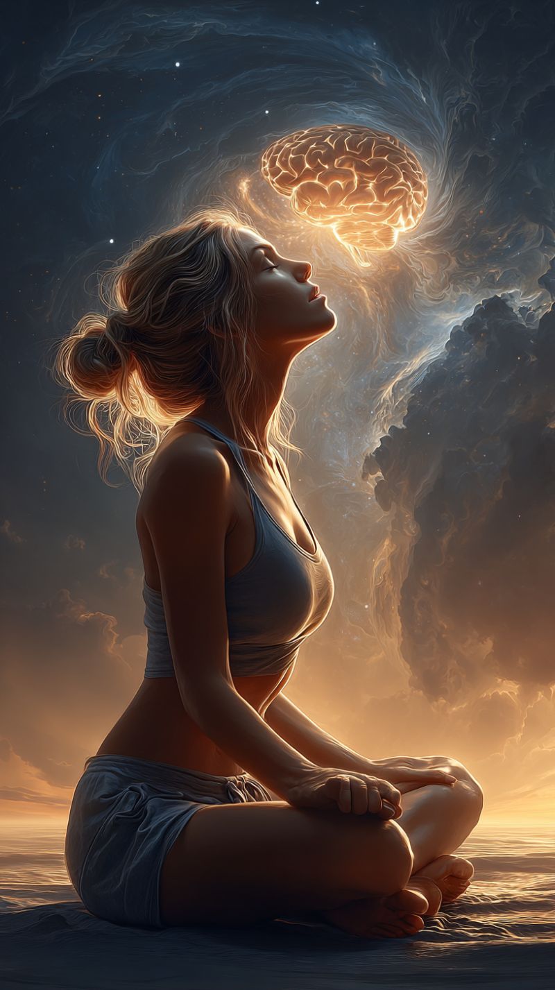 Meditation yoga conscience spiritualite zen relaxation contemplation soi equilibre harmonie bien tranquillite calme concentration serenite esprit Une femme est assise les jambes croisées sur une plage, les yeux fermés dans une profonde méditation. Elle porte un débardeur sport bleu clair et un short assorti. Ses cheveux sont attachés en un chignon lâche, et elle semble être dans un état serein et contemplatif. Au-dessus d'elle, une structure flottante semblable à un cerveau brille dans le ciel, entourée de nuages tourbillonnants et éthérés. Le ciel est d'un bleu profond, avec des touches d'orange et de rose du soleil couchant, projetant une lueur chaude sur la scène.