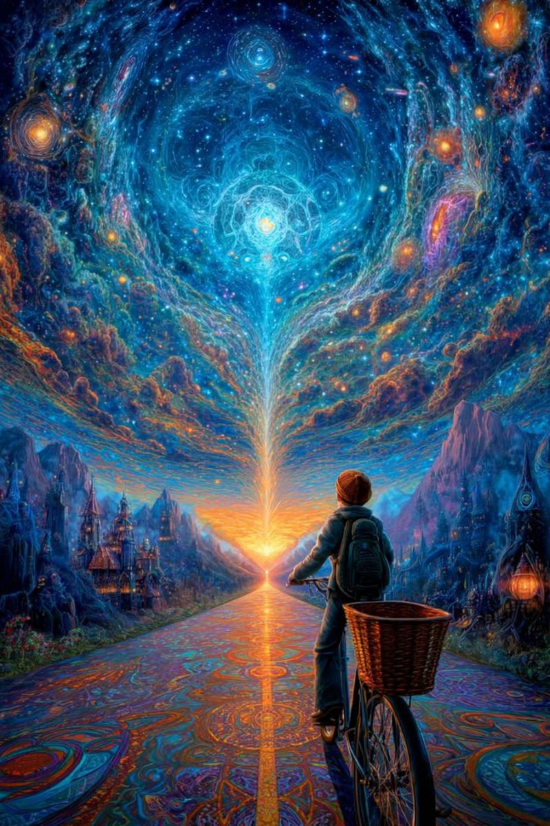 Garcon bicyclette panier route montagne ciel etoiles univers galaxie nuages soleil fantaisie imagination aventure exploration reve Un jeune garçon fait du vélo sur une route colorée à motifs en spirale sous un ciel surréaliste rempli de galaxies tourbillonnantes, d'étoiles et de nuages cosmiques. Le ciel passe des bleus et violets profonds aux jaunes et oranges chauds près de l'horizon. Le garçon porte une casquette et un sac à dos, regardant le ciel. De chaque côté de la route, il y a des structures fantastiques en forme de château avec des fenêtres lumineuses et des arbres. La scène est vibrante et irréelle, mélangeant des éléments de fantaisie et de science-fiction.