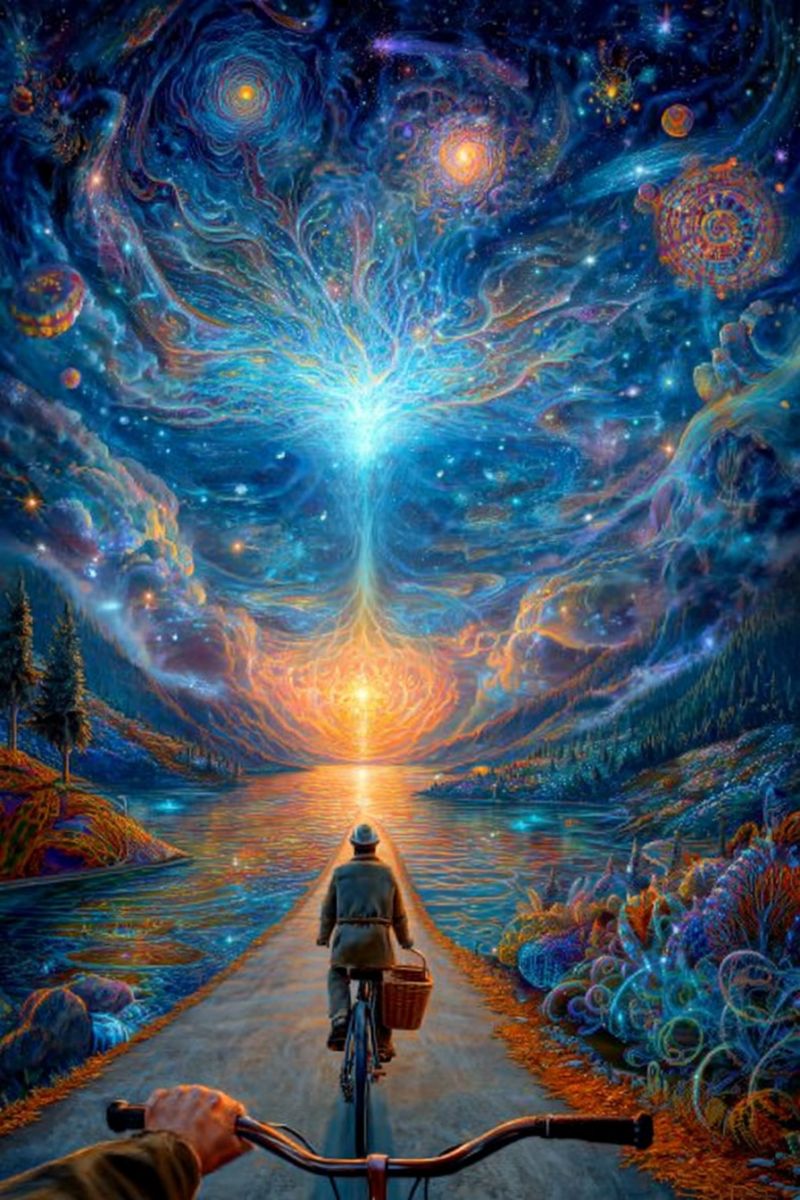 Painting man bicycle road water sky sun mountain trees flowers stars clouds universe cosmos galaxy nebula planets asteroids comets meteors An elderly man rides a bicycle on a road leading to a serene lake. The sky above is a vibrant mix of blues, purples, and yellows, with swirling patterns and celestial bodies like stars and planets. The road is flanked by lush greenery and colorful abstract shapes. The man wears a hat and a long coat, and he carries a basket on the front of his bike. The scene is set against a back of mountains and a setting sun, creating a dreamlike atmosphere.