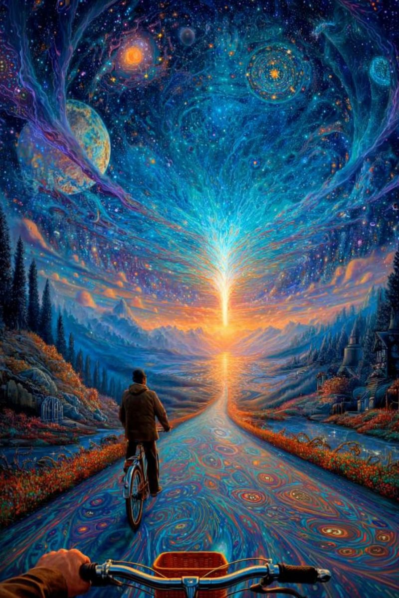 Painting man bicycle road mountain sky night stars universe galaxy planet sun fire water trees flowers house A man rides a bicycle down a winding road surrounded by vibrant, colorful flowers. The road appears to be made of a swirling, multicolored pattern. The sky above is a vivid mix of blues, purples, and yellows, with a large, glowing sun at the horizon. The background features a surreal landscape with mountains, trees, and a distant castle. The scene is framed by a hand holding the handlebars of the bicycle, adding a sense of movement and perspective.