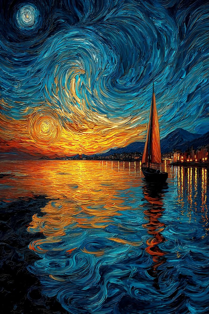 Nuit ciel etoile coucher soleil eau bateau reflet mer ocean montagne ville texture pinceau La peinture représente une scène de nuit sereine avec un voilier sur un plan d'eau calme. Le ciel est d'un bleu profond, tourbillonnant de teintes jaunes et orange vibrantes, créant une représentation dynamique et presque abstraite du ciel nocturne. Un soleil brillant et lumineux se couche à l'horizon, projetant une lumière chaude et dorée sur l'eau. Le voilier, avec ses voiles gonflées par la douce brise, se reflète dans l'eau en dessous. Au loin, une silhouette du skyline d'une ville est visible, avec des lumières scintillantes dans la soirée. L'ambiance générale est tranquille et contemplative, capturant la beauté d'une nuit paisible au bord de l'eau.