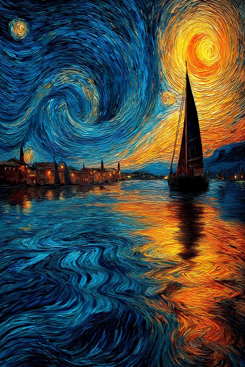 Painting night sky star sunset water boat sail reflection city building mountain wave sea cloud horizon serene night scene with a sailboat sailing on a calm body of water. The sky is a deep blue, swirling with vibrant yellow and orange hues, creating a dynamic and almost abstract effect. The water reflects the colors of the sky, blending into a mix of blues, yellows, and oranges. In the background, there are silhouettes of buildings and a distant mountain range, with some windows glowing softly. The sailboat is centrally positioned, with its mast reaching up towards the swirling sky, and its reflection mirrored in the water below.