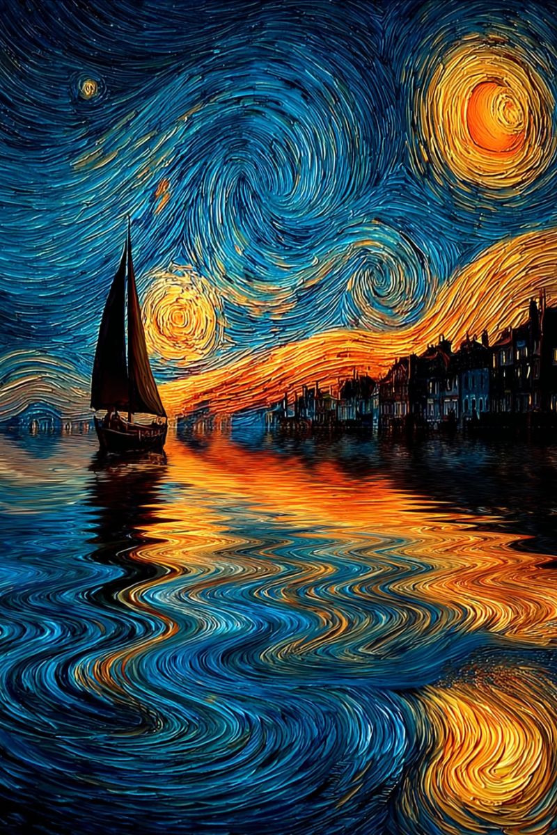 Boat night sky water painting reflection star sea sunset city impressionism post colorful van gogh starry modern The painting depicts a serene night scene with a sailboat sailing on a calm body of water. The sky is filled with swirling patterns of blue and yellow, reminiscent of a starry night. The water reflects the vibrant colors of the sky, creating a mirror-like effect. In the background, there are buildings with warm, glowing lights, suggesting a small town or village. The overall mood is peaceful and tranquil, with the sailboat gently gliding through the water under the enchanting night sky.
