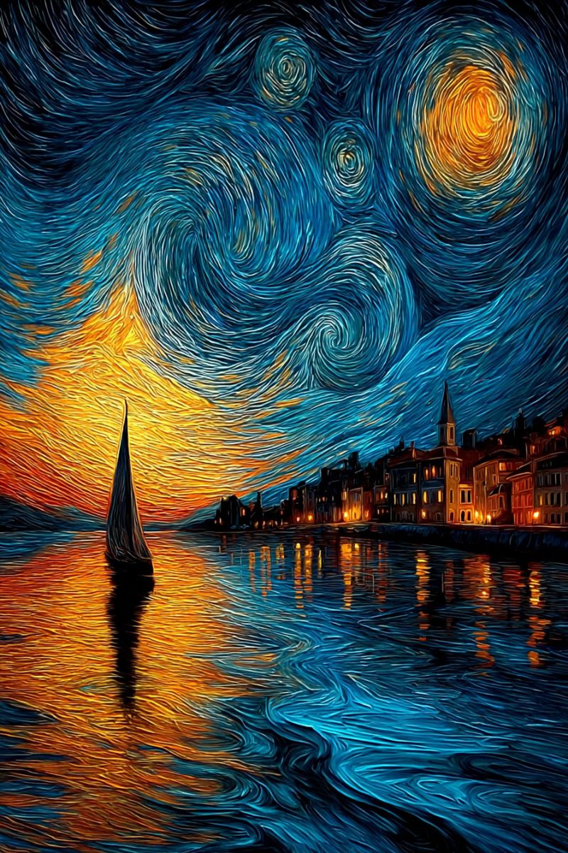 Painting night sky star city water boat reflection sunset town sea building architecture horizon river The painting depicts a serene night scene with a sailboat on a calm body of water. The sky is filled with swirling patterns of blue and yellow, reminiscent of a starry night. The moon is prominently displayed, glowing brightly with a yellow hue. In the foreground, the sailboat is reflected on the water's surface, creating a mirror image. On the right side, there are buildings with warm, glowing lights, suggesting a small town or village. The overall atmosphere is tranquil and picturesque, capturing the essence of a peaceful night by the water.