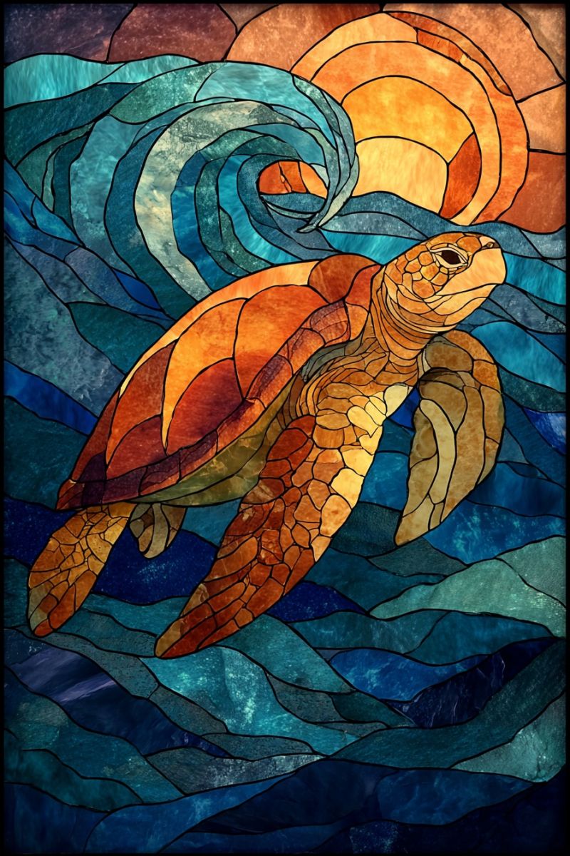 Mosaic sun waves ocean colorful pattern design nature aquarium underwater wildlife reptile conservation ecology sea turtle stained glass marine life stained glass window depicting a sea turtle swimming gracefully in the ocean. The turtle is rendered in shades of orange and brown, with intricate details on its shell. The ocean is depicted with deep blue and green hues, with waves and ripples adding to the dynamic feel of the scene. In the background, there is a setting sun, portrayed in warm orange and yellow tones, casting a golden glow over the water. The overall composition is vibrant and colorful, with the stained glass technique adding a unique and artistic touch to the image.