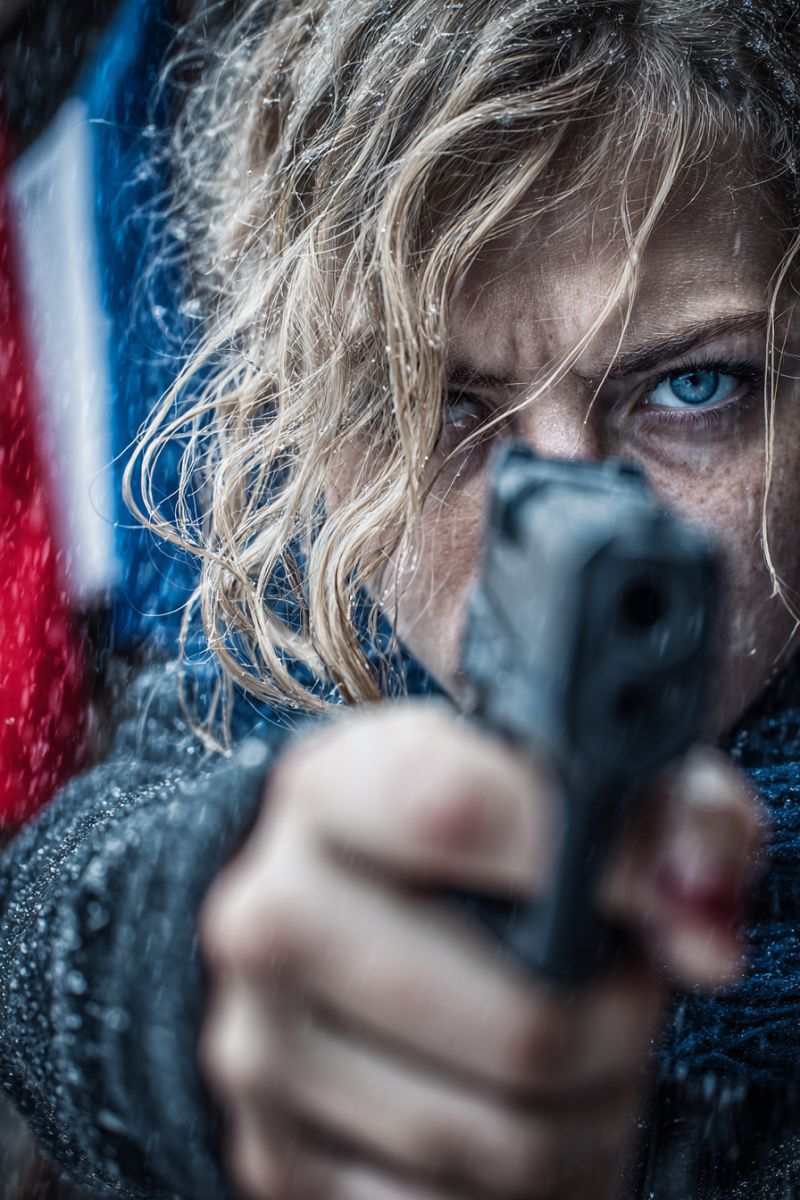 Pistolet femme tir Une jeune femme aux cheveux blonds et bouclés tient un pistolet noir dans sa main droite. Elle regarde vers la gauche avec une expression sérieuse. Son visage est légèrement mouillé, et il y a des gouttes d'eau sur ses cheveux et ses vêtements. Elle porte une veste bleu marine et un foulard bleu. Derrière elle, il y a un arrière-plan flou avec des couleurs rouge, blanche et bleue, peut-être un drapeau.