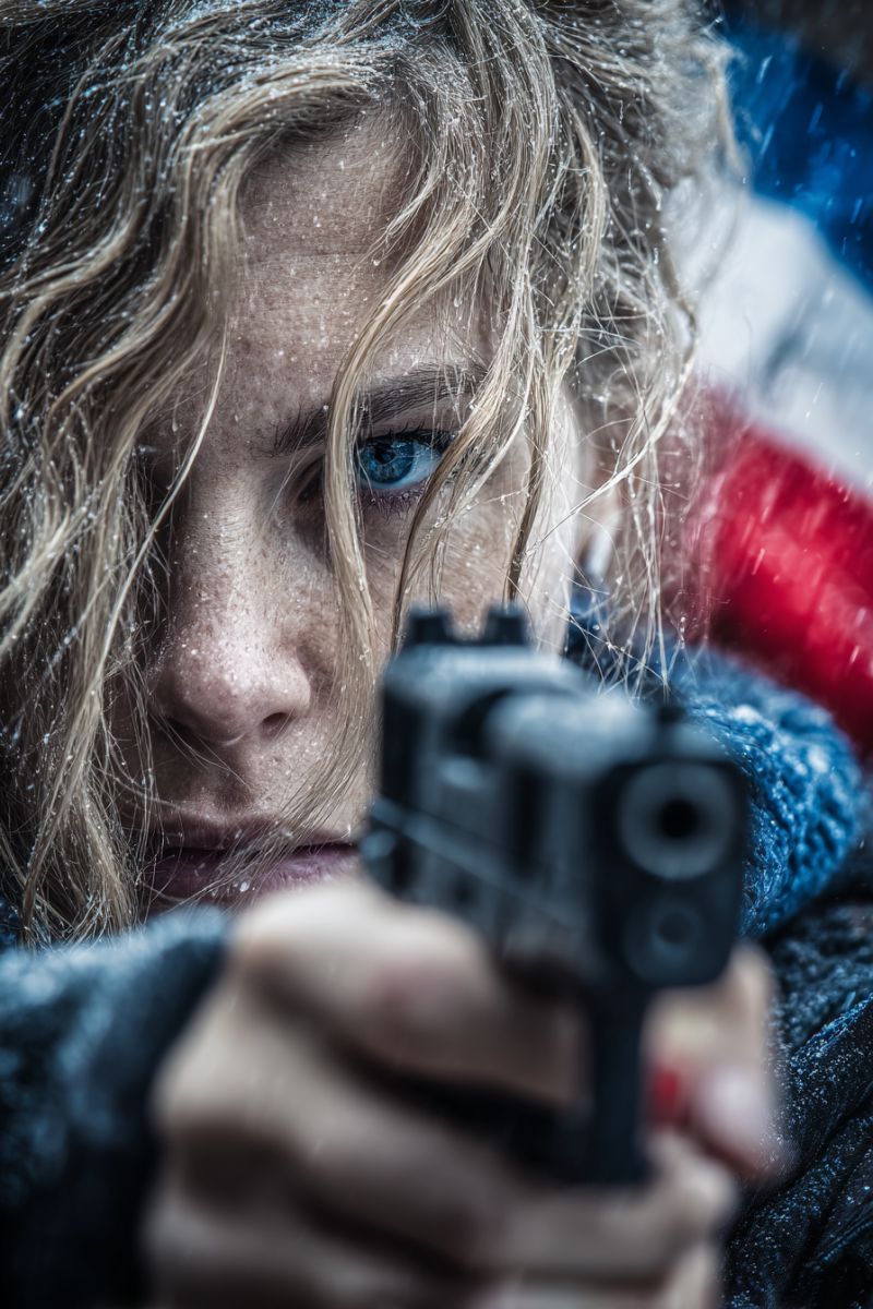 Femme arme oeil mouille neige froid meteo serieux determine justiciere vigilantisme justice heros action film Une femme aux cheveux blonds tient un pistolet noir, le pointant vers la caméra. Son visage est partiellement couvert par ses cheveux, et elle a une expression sérieuse. Elle porte une veste bleue avec un motif rouge et blanc sur le dos. L'arrière-plan est flou, et il semble qu'il pleuve.