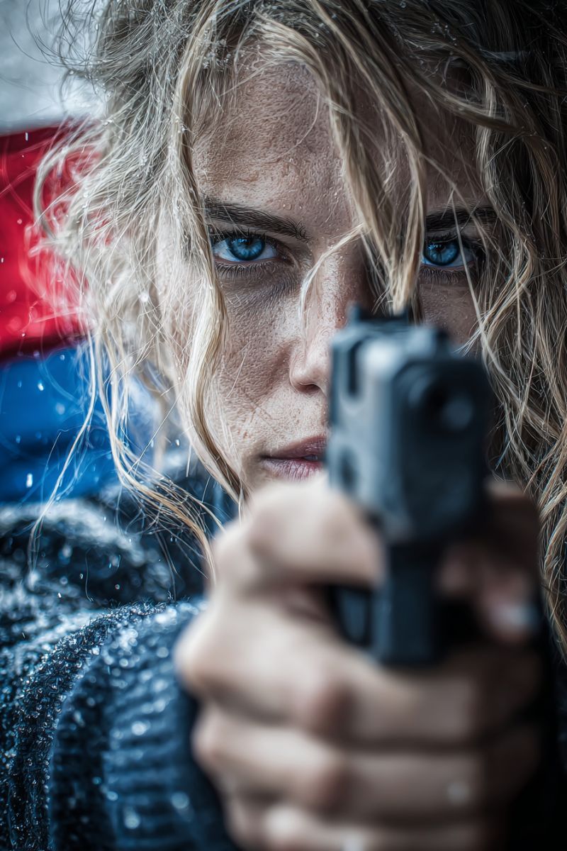 Femme fusil mouilles serieux pluie arme determination action justiciere vigilance protection securite danger vigilant bleu yeux Une femme aux cheveux blonds tient un pistolet noir dans sa main droite. Elle regarde vers la gauche avec une expression sérieuse. Son visage est légèrement mouillé, et il y a des gouttes d'eau sur ses cheveux et ses vêtements. Elle porte une veste bleue avec un motif à carreaux rouge et bleu au dos. L'arrière-plan est flou.
