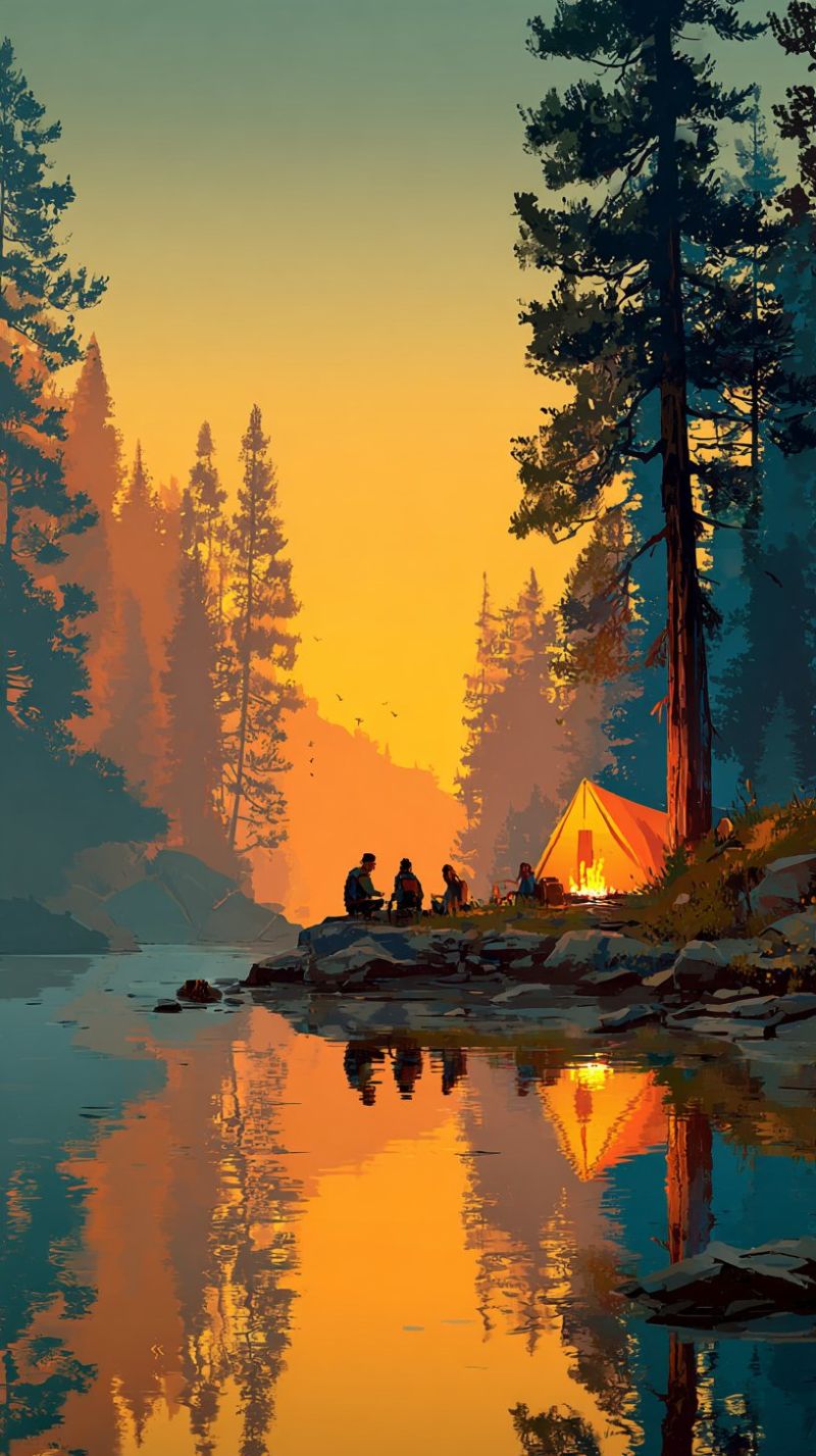 Camping tent lake reflection sunset nature forest people fire outdoors adventure evening sky trees mountains water rocks campfire serene camping scene by a lake at sunset. A small orange tent is pitched on a rocky shore, with a fire burning brightly in front of it. Three people are sitting around the fire, enjoying the warmth and light. The lake is calm, reflecting the warm colors of the sunset, which paints the sky in hues of orange and yellow. Tall trees surround the campsite, their leaves a deep green, and the ground is covered with rocks and patches of grass. The overall atmosphere is peaceful and inviting, perfect for a quiet evening by the lake.