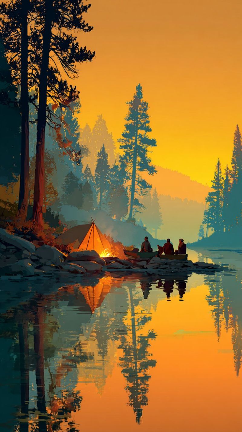Camping lake trees tent boat people reflection sunset nature outdoors adventure campfire canoe evening forest mountains sky water wildlife serene lakeside scene at sunset. In the foreground, there is a small campfire burning brightly, surrounded by a group of people sitting on rocks. The campfire's light reflects off the calm water, creating a warm glow. To the left, a tent is pitched near the shore, its orange hue contrasting with the cool blues and greens of the surrounding trees. The trees are tall and dense, forming a natural barrier around the campsite. In the background, the sky is a mix of warm orange and cool blue hues, indicating the setting sun. The overall atmosphere is peaceful and reflective, with the reflections of the trees and people mirrored in the water.