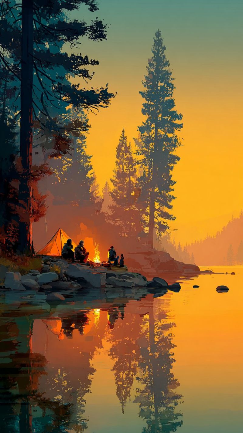 Campfire camping lake lakeside lakeshore nature night outdoors people reflection rocks sunset tent trees water wood woodland camp serene lakeside scene at sunset. A group of people are gathered around a campfire, sitting on rocks near the water's edge. The campfire is burning brightly, casting a warm glow on the faces of the people and the surrounding area. The lake is calm, with reflections of the trees and the sky visible on the water's surface. The trees are tall and lush, with a mix of green and yellow hues, indicating the transition from summer to autumn. The sky is a mix of orange and pink, with the sun setting in the distance, creating a beautiful and peaceful atmosphere.