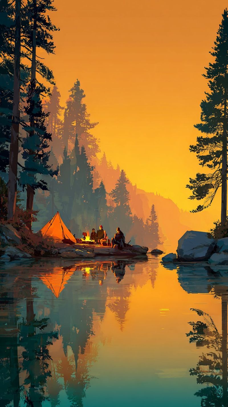 Camping lake tent sunset reflection nature forest trees mountains sky water people campfire adventure outdoors scenery evening serene lakeside scene at sunset. A small orange tent is pitched on the shore, with a campfire burning in front of it. Three people are sitting around the fire, enjoying the warmth and the view. The lake is calm, with reflections of the trees and the sky visible on the water's surface. The sky is a warm orange, transitioning to a deeper orange near the horizon, creating a beautiful gradient. The trees are tall and dense, framing the scene and adding to the sense of tranquility. The overall atmosphere is peaceful and inviting, perfect for a quiet evening by the lake.