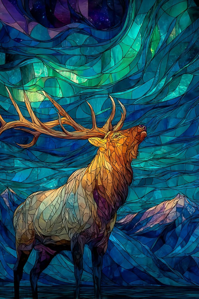 Deer elk mosaic nature painting sky snow sunset texture water wildlife animal colorful mountain majestic elk standing in a vibrant, mosaic-like landscape. The elk has large, branching antlers and a proud, alert stance, with its head lifted as if it is roaring or calling. The elk's body is depicted in warm, earthy tones, contrasting with the cool, blue and green hues of the background. The background is a swirling, wave-like pattern of blue and green tiles, reminiscent of stained glass, creating a dynamic and almost ethereal effect. In the distance, there are silhouettes of mountains, adding to the sense of depth and scale. The overall composition is dynamic and full of movement, with the elk standing out as a central, powerful figure against the flowing, colorful backdrop.