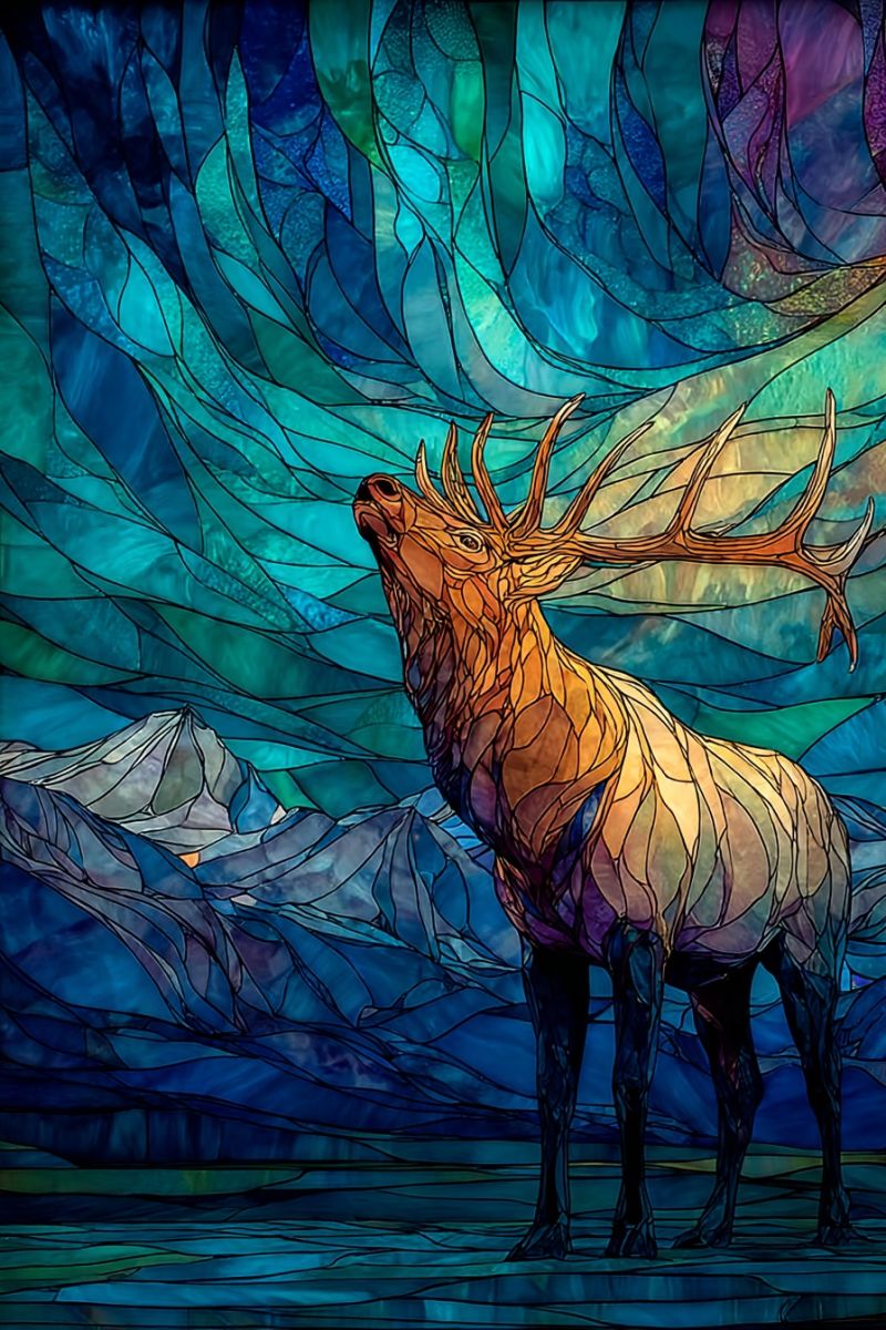 Deer elk painting wildlife animal nature mountain water sky glass mosaic stained colorful fantasy elegance majestic elk standing in a serene, mountainous landscape. The elk has a golden-brown coat with a white underbelly, and its antlers are large and branched, giving it a regal appearance. The elk's head is raised, and it appears to be bellowing, possibly during the rutting season. The background is a stunning mosaic of blue, green, and purple hues, creating a wave-like pattern that adds a dynamic and artistic touch to the scene. The mountains in the background are depicted with a mix of blues and greens, suggesting a lush, forested area. The overall composition is reminiscent of a stained glass window, with the elk standing out against the vibrant, colorful backdrop.