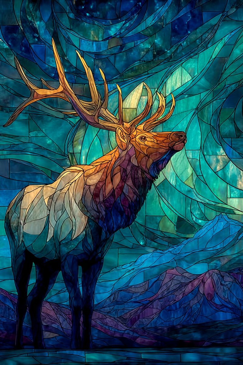 Cerf wapiti animal faune nature fantaisie mosaique geometrique montagnes ciel foret vitrail Un majestueux orignal se dresse dans un arrière-plan de mosaïque vibrante et multicolore. L'orignal a de grandes bois ramifiés et une expression fière et alerte. Sa fourrure est représentée dans des nuances de brun, blanc et violet, avec un contraste saisissant contre les carreaux de mosaïque bleus et verts. L'arrière-plan est un motif abstrait tourbillonnant de carreaux bleus, verts et violets, créant un effet dynamique et artistique. Le corps de l'orignal est légèrement positionné sur la gauche, avec sa tête tournée vers le haut, comme s'il regardait vers le ciel. La composition globale rappelle une fenêtre en vitrail, avec l'orignal se détachant de manière proéminente sur le fond coloré.