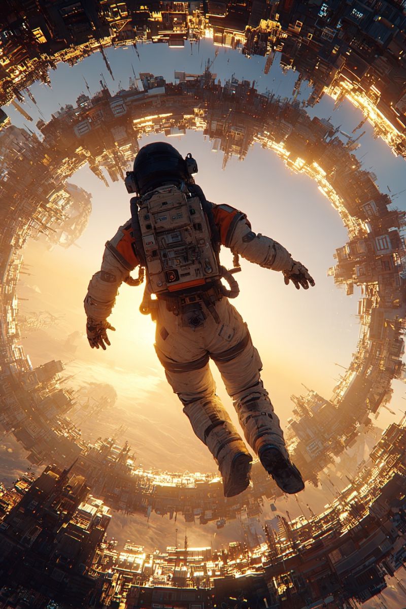 Space astronaut helmet floating city buildings sky sun sunset architecture futuristic technology exploration spaceship outer travel station An astronaut is floating in the air, wearing a white and orange spacesuit with a black helmet. The astronaut is equipped with a backpack and gloves. The background is a futuristic cityscape with a circular structure, possibly a space station, with many buildings and lights. The sky is blue with a hint of orange, possibly indicating a sunset. The image has a circular fisheye effect, giving a sense of depth and immersion.