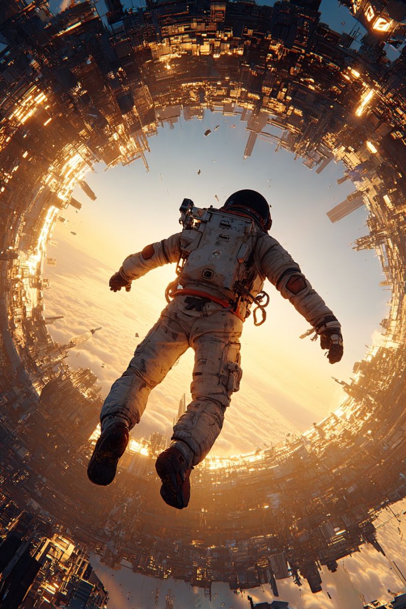 Space astronaut helmet floating sun sky city building architecture futuristic technology reflection glow spaceship exploration cosmos universe An astronaut is floating in the air, wearing a white spacesuit with a black helmet. The astronaut's arms are spread out, and they are looking down at the ground. The astronaut is surrounded by a circular structure with many buildings and lights. The sky is blue, and the sun is setting, casting a warm glow on the scene. The astronaut appears to be in a futuristic city, with a sense of wonder and exploration.