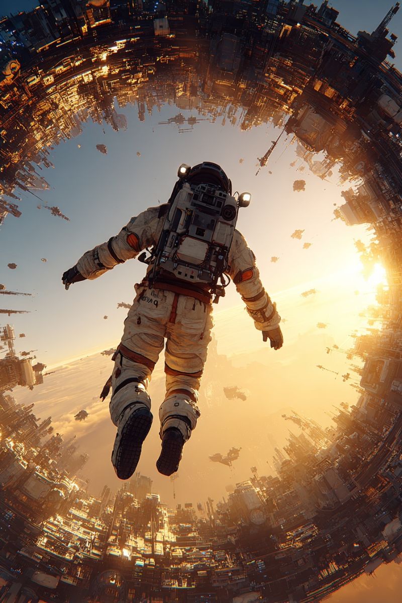 Astronaute casque combinaison spatiale vaisseau spatial engin station voyage exploration mission aventure technologie industrie tourisme colonisation Un astronaute flotte dans l'espace, portant une combinaison spatiale blanche avec des accents orange et un casque. La combinaison a un sac à dos avec une grande lumière éclatante sur le dos. L'astronaute tient un outil dans une main et semble regarder vers le bas une grande structure circulaire en dessous. La structure est faite de métal et a une série d'anneaux interconnectés, avec une lumière vive brillant au centre. L'arrière-plan est un mélange de bleu et d'orange, avec un soleil couchant visible au loin.