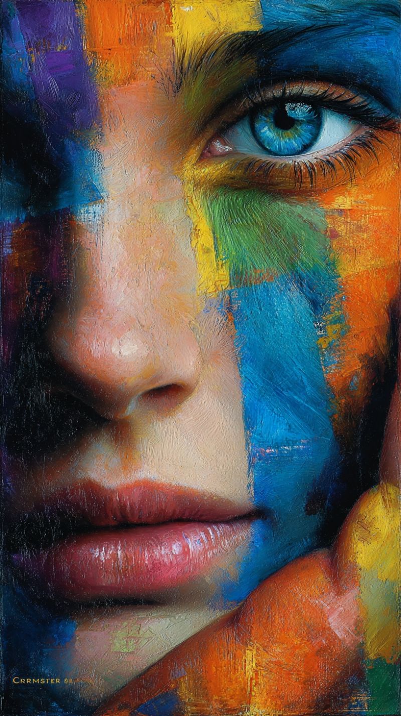 Painting woman colorful paint artist ideas designs techniques tutorial supplies kids adults Gros plan du visage d'une femme, peint dans un style vibrant et abstrait. Son visage est recouvert d'un mélange de couleurs vives et contrastées telles que le bleu, le jaune, l'orange et le violet. La peinture met en valeur les traits du visage de la femme, avec ses yeux particulièrement mis en avant. Ses yeux sont grands et expressifs, avec un oeil peint dans un bleu saisissant et l'autre dans un mélange de vert et de jaune. Les lèvres de la femme sont peintes en rouge profond, ajoutant à la vivacité de l'oeuvre. La peinture a une qualité texturée, presque tridimensionnelle, avec les couleurs se mélangeant et se chevauchant de manière dynamique. Le fond est un mélange des mêmes couleurs vives, créant une composition cohérente et visuellement frappante