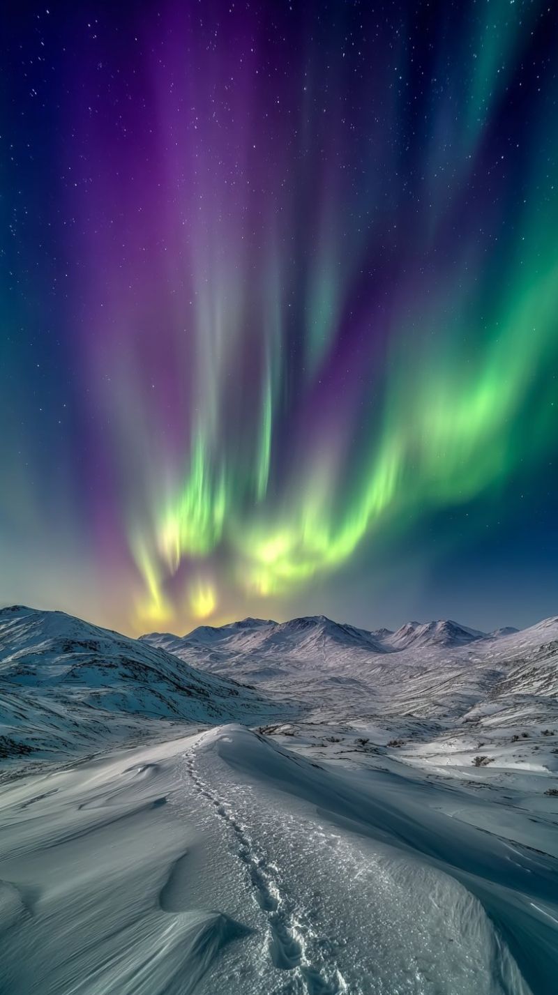 Mountains winter atmosphere sky footprints snow outdoors aurora borealis northern night snowy starry colorful polar region natural phenomenon green The image captures a breathtaking night scene in a snowy landscape. The sky is a deep, dark blue, dotted with countless stars. A vibrant aurora borealis, or northern lights, illuminates the sky with a mix of green, purple, and yellow hues. The auroras dance and shimmer across the sky, creating a mesmerizing display. The foreground features a vast, snow-covered field with gentle, undulating hills. Footprints in the snow lead into the distance, suggesting a path through the serene, wintery terrain. The mountains in the background are also blanketed in snow, adding to the tranquil and majestic atmosphere of the scene.