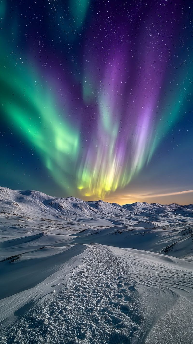 Aurora sky night stars mountains snow winter weather atmosphere dark colorful beauty nature outdoors space astronomy northern The image captures a breathtaking night scene featuring the Aurora Borealis, also known as the Northern Lights, illuminating the sky with vibrant colors. The sky is a deep, dark blue, dotted with stars, and the auroras appear as sweeping, wavy curtains of light in shades of green, purple, and yellow. These lights seem to dance and shimmer across the sky, creating a mesmerizing and ethereal effect. Below the sky, a vast expanse of snow-covered mountains stretches out, their surfaces reflecting the colors of the auroras. The snow is pristine and undisturbed, with only a few faint tracks or prints visible, suggesting the presence of wildlife or human activity. The overall scene is one of serene beauty and natural wonder, with the auroras providing a magical back to the snowy landscape.