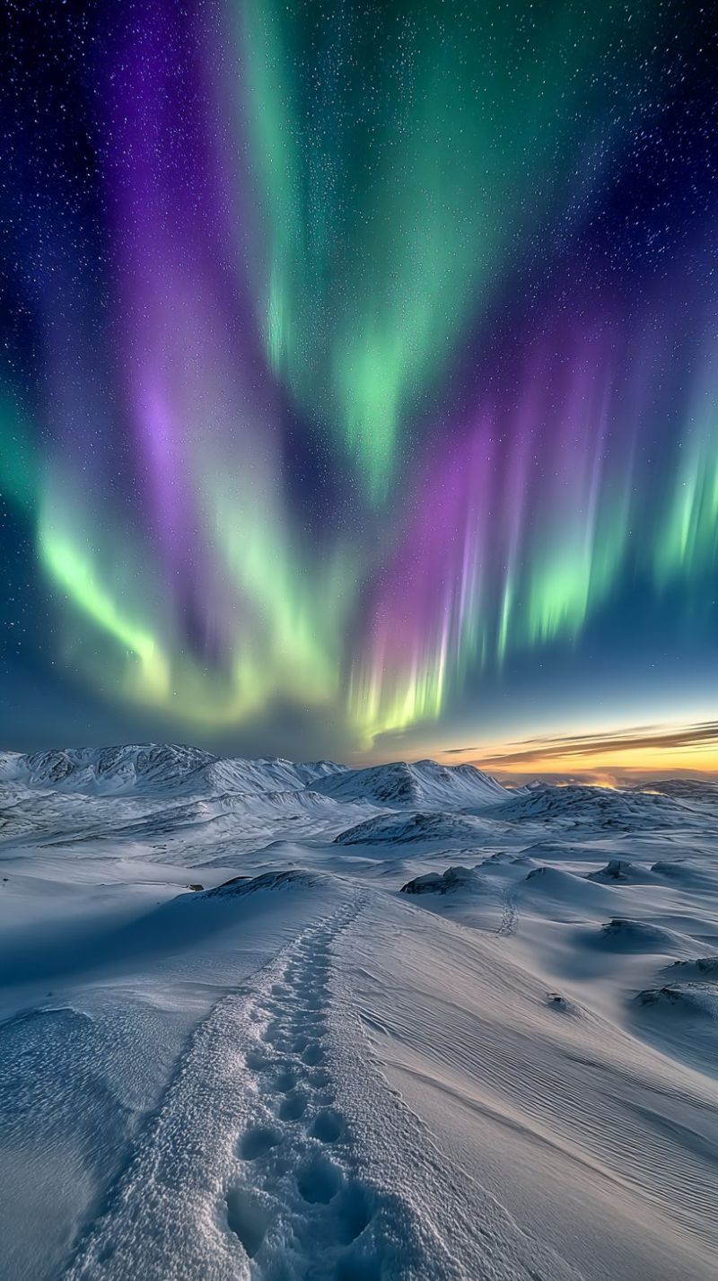 Ciel aurore nuit neige montagne nuage sombre etoile espace hiver atmosphere gel gele givre givrage Scène de nuit à couper le souffle mettant en vedette l'Aurora Borealis, également connue sous le nom de Lumières du Nord, illuminant le ciel avec des couleurs vibrantes de vert, violet et rose. Les aurores dansent dans le ciel, créant un spectacle fascinant et éthéré. Le ciel est d'un bleu profond, parsemé d'étoiles qui scintillent faiblement au loin. Sous le ciel, un vaste paysage enneigé s'étend, avec des collines et des montagnes couvertes de neige en arrière-plan. Des empreintes sont visibles dans la neige, menant vers l'horizon, suggérant un chemin ou un sentier à travers le terrain enneigé. L'horizon est marqué par un subtil dégradé de couleurs, passant du bleu foncé du ciel nocturne aux doux jaunes et oranges du soleil couchant.