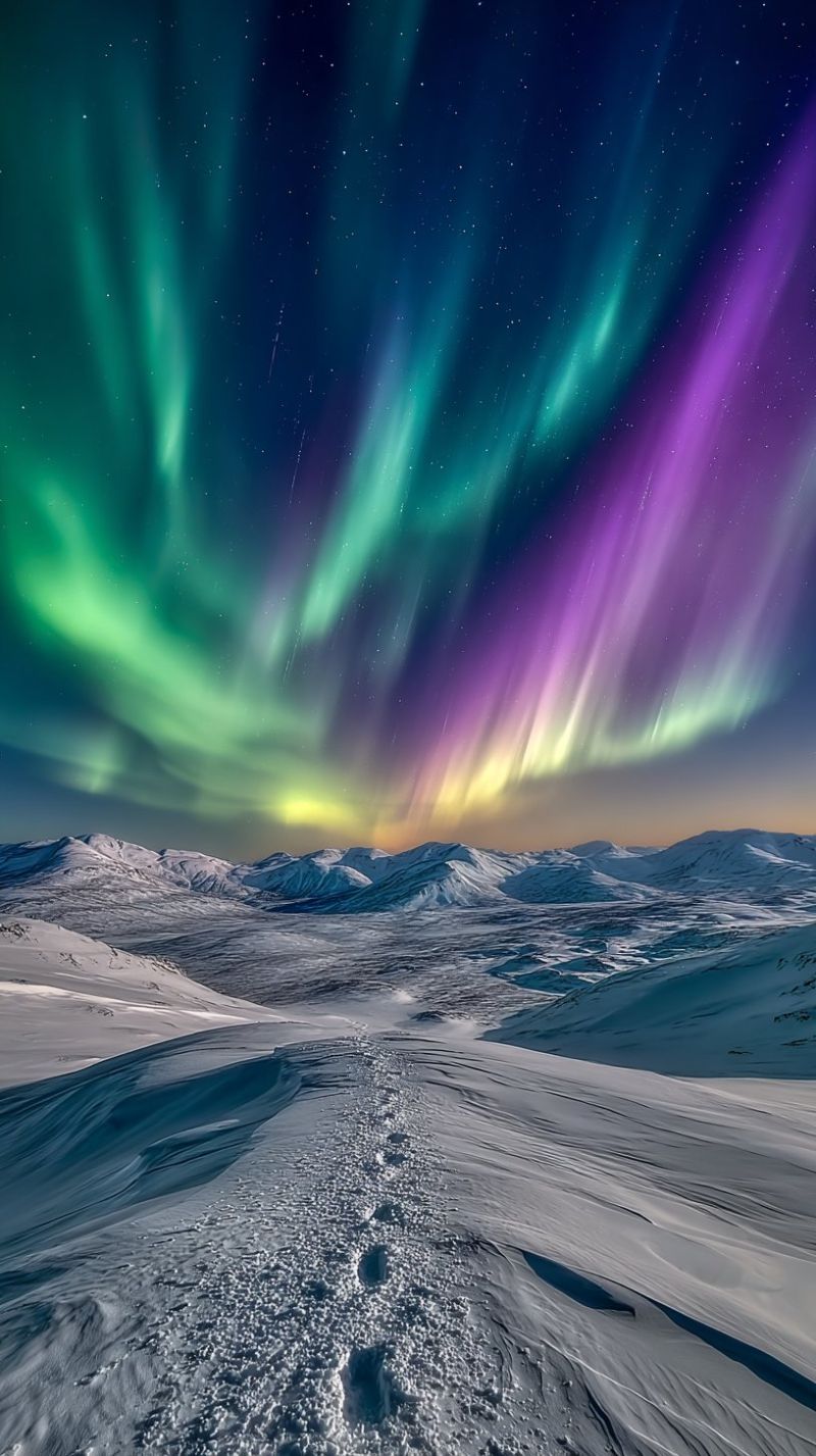 Montagnes empreintes hiver atmosphere ciel nuit neige gel froid meteo glace aurore boreale nordique enneige polaire region etoile naturel phenomene Scène de nuit à couper le souffle mettant en vedette l'Aurora Borealis, également connue sous le nom de Lumières du Nord, illuminant le ciel de couleurs vibrantes. Le ciel est d'un bleu profond, parsemé d'étoiles, et les aurores dansent à travers lui dans des nuances de vert, de violet et de jaune. Les aurores apparaissent comme de longues et fluides draperies de lumière, s'étendant à travers le ciel et projetant une lueur magique. Sous le ciel, un vaste paysage enneigé s'étend, avec des collines et des montagnes couvertes de neige au loin. La neige est immaculée et intacte, reflétant la lumière des aurores. Des empreintes dans la neige mènent vers l'horizon, suggérant un chemin à travers le terrain enneigé. La scène globale est sereine et impressionnante, capturant la beauté du spectacle lumineux de la nature.