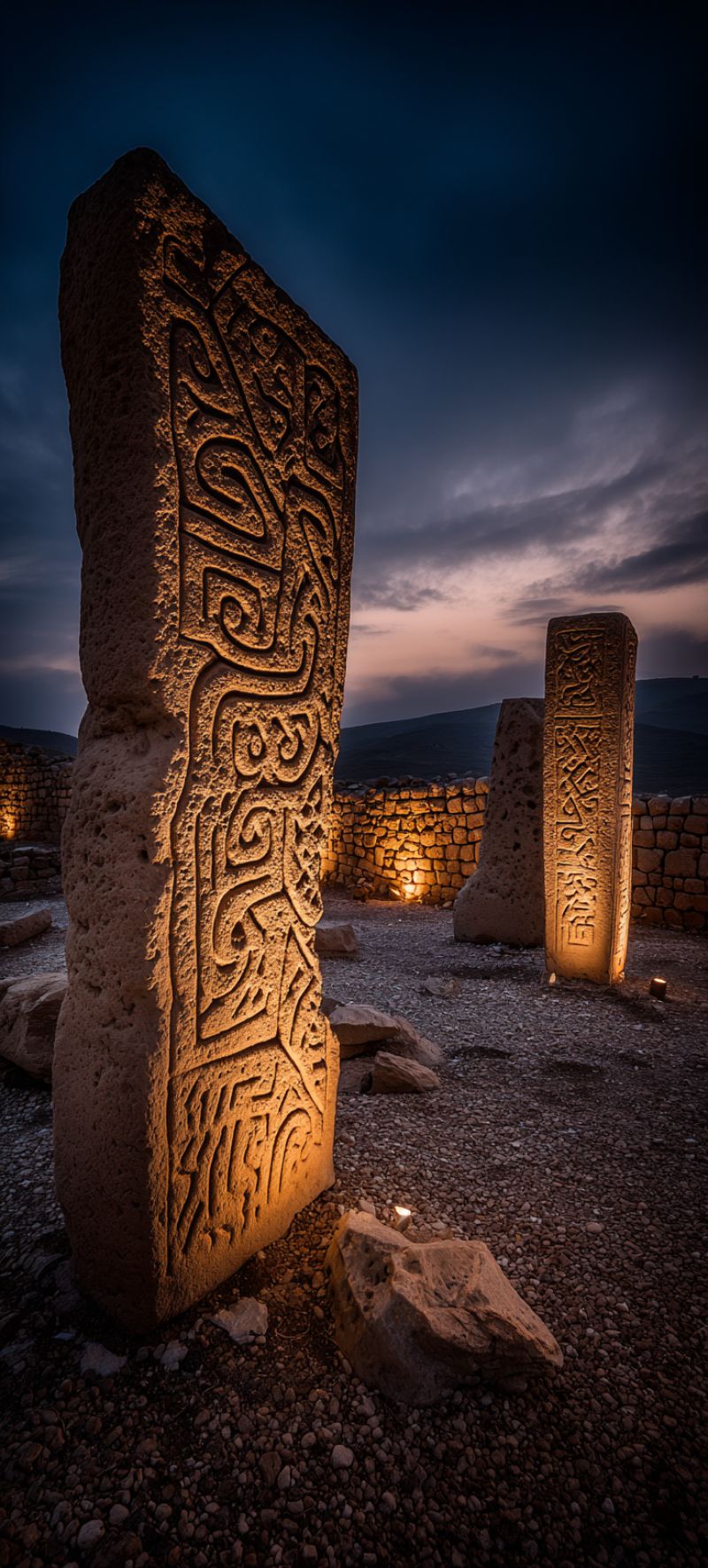 Ancient architecture carving culture design engraving history inscription monument night outdoor pattern rock sculpture shadow stone texture In a dimly lit outdoor area, two large stone pillars stand prominently. The pillar on the left is larger and features intricate carvings that appear to be ancient symbols or runes. The carvings are illuminated by a warm light, casting shadows that highlight the texture of the stone. The pillar on the right is smaller and also has carvings, though less detailed. The ground is covered with small stones and gravel, and there are additional stone structures in the background, partially illuminated by the same warm light. The sky above is dark, with a hint of twilight or dusk, suggesting the time is either early morning or late evening.