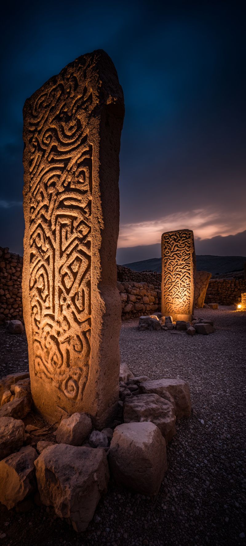 Ancien architecture sculpture culture design desert ville village Deux grands piliers de pierre se dressent de manière proéminente dans un paysage rocheux. Les piliers sont finement sculptés de motifs géométriques et de symboles, suggérant une importance historique ou culturelle. Les gravures sont illuminées par une lumière chaude et dorée, projetant des ombres qui mettent en valeur la texture et la profondeur de la pierre. Le ciel au-dessus est d'un bleu profond, passant à une teinte plus claire près de l'horizon, indiquant soit l'aube soit le crépuscule. Le sol est recouvert de petits cailloux et de gravier, et il y a des structures en pierre supplémentaires en arrière-plan, laissant entrevoir un site archéologique plus vaste. L'atmosphère générale est sereine et réflexive, avec la douce lueur de la lumière créant une scène tranquille.