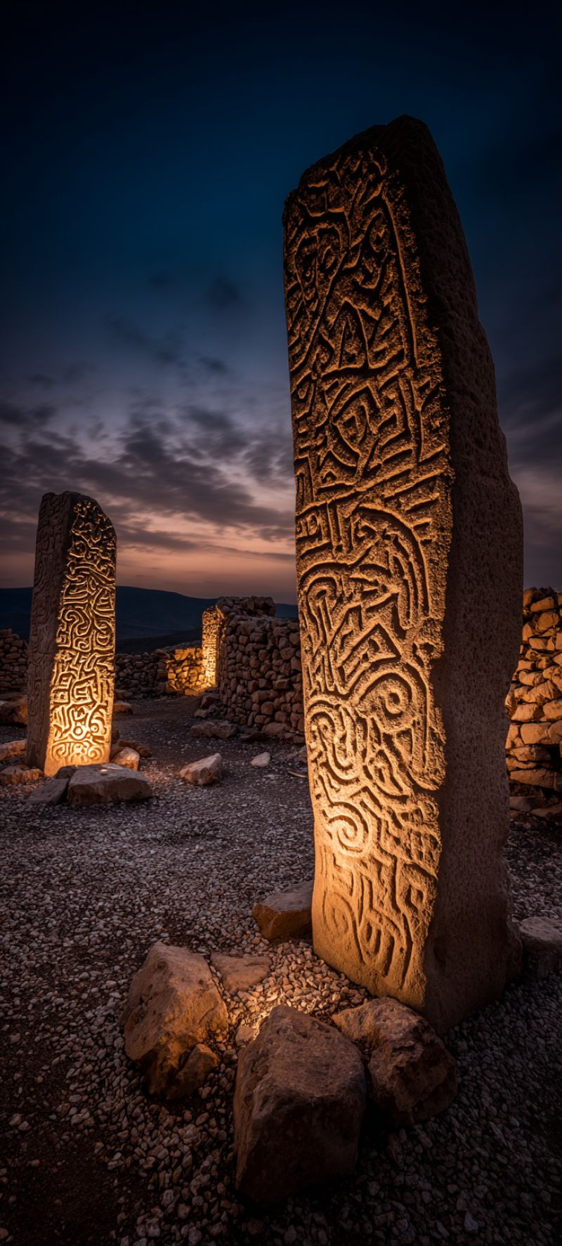 Ancient architecture carving culture desert deserted engraving history inscription monument outdoors pattern rock sculpture stone structure texture In a rocky landscape, two large stone pillars stand prominently. The larger pillar on the right is illuminated, casting a warm glow that highlights intricate carvings on its surface. These carvings depict various geometric and possibly symbolic patterns. The smaller pillar to the left is also illuminated, showing similar carvings. The ground around the pillars is covered with small stones and gravel. In the background, the sky transitions from a deep blue to a lighter hue, suggesting the onset of dawn or dusk. The overall scene is bathed in a soft, golden light, creating a serene and somewhat mystical atmosphere.