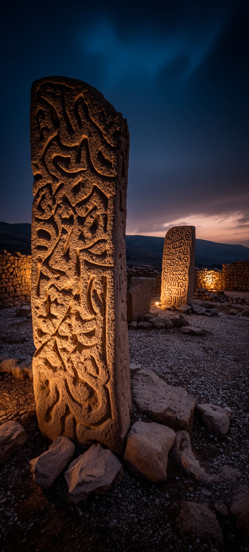 Ancient architecture carving culture desert deserted place town village area ruins site In a twilight setting, two large stone pillars stand prominently in a rocky landscape. The foreground pillar is intricately carved with elaborate designs, casting a warm glow from a light source nearby. The background pillar, also carved, is partially illuminated, revealing similar detailed patterns. The sky above is a deep blue, transitioning to a lighter hue near the horizon, indicating the onset of night. The ground is scattered with rocks and stones, and in the distance, a silhouette of mountains can be seen.