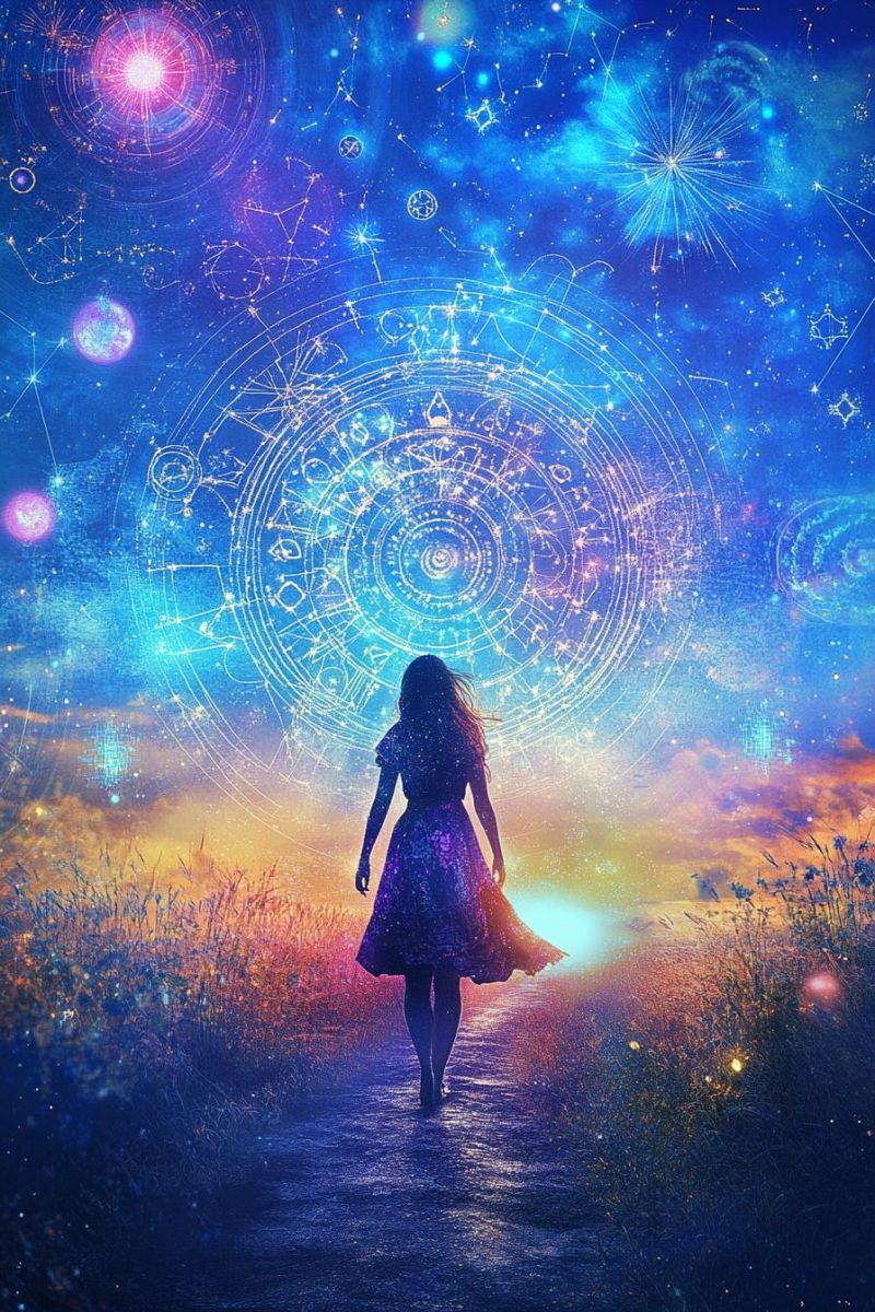 Fantasy science fiction cosmic starlit skie astrology mysticism female walking towards horizon surreal celestial bodie landscape with lush greenery that transitions into a pathway leading towards the celestial scene in the background. The pathway is bordered by wildflowers on both sides, which vary in height and color. In the background, there's an expansive view dominated by a nebula-like structure with hues of blues, purples, and whites, giving off an otherworldly, ethereal atmosphere. The celestial scene features numerous stars and nebular elements that fill the sky above. There are also various symbols and signs visible within this cosmic landscape, suggesting a mystical or magical influence. The art style is rich in detail, with an emphasis on color and light, creating a sense of wonder and fantasy. The genre of the image leans towards science fiction or fantasy due to its imaginative and celestial elements.