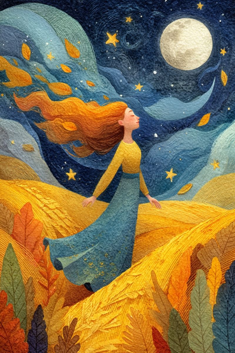 Painting girl night sky moon stars autumn leaves wind field dress fantasy dream magic colorful beautiful In a serene night landscape, a woman with flowing red hair stands in a golden field of wheat. Her dress, a deep blue, billows around her as if caught in a gentle breeze. She gazes upward, her eyes closed, seemingly lost in the beauty of the night sky. Above her, the sky is a deep blue, dotted with stars and a large, glowing full moon. The moon's light casts a soft glow over the scene, highlighting the vibrant colors of the leaves scattered around her. The leaves are a mix of autumnal hues, including yellows, oranges, and reds, adding a touch of warmth to the cool tones of the night. The background is a blend of blues and greens, creating a sense of depth and tranquility.