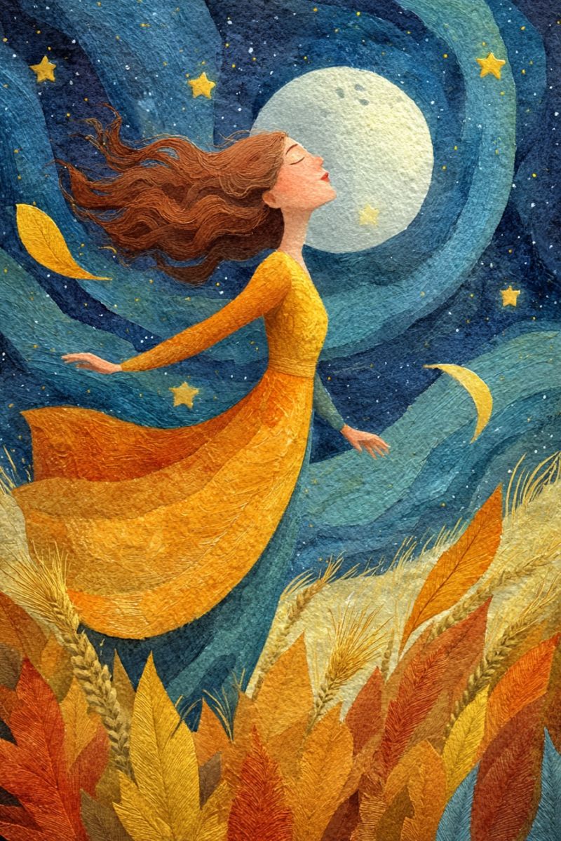 Femme nuit ciel lune etoiles reve fantaisie aquarelle automne feuilles ble champ herbe beaute Une femme aux cheveux longs et flottants est représentée en plein vol, les yeux fermés et la bouche légèrement ouverte comme en extase. Elle porte une longue robe jaune flottante qui ondule autour d'elle. Le fond est un ciel bleu profond rempli d'étoiles et d'une grande lune brillante. La lune est entourée d'une douce aura lumineuse. Le ciel présente également un croissant de lune et des étoiles supplémentaires. Le sol en dessous est recouvert d'un mélange de blé doré et de feuilles d'automne aux différentes nuances d'orange, de jaune et de rouge. Les feuilles et le blé sont éparpillés et semblent être emportés par le vent.
