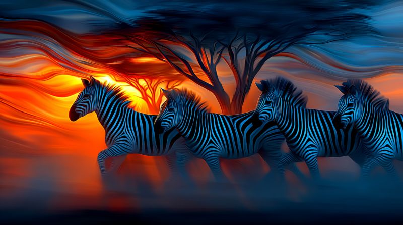 Zebre animal faune coucher soleil nature safari africain sauvage beaute courant groupe troupeau Quatre zèbres sont représentés courant en ligne, leurs rayures distinctives noires et blanches clairement visibles. Ils sont positionnés devant un grand arbre feuillu, qui est en silhouette contre un fond de teintes orange et rouge ardent, suggérant un coucher ou un lever de soleil. Le ciel au-dessus est un mélange de bleus profonds et d'oranges ardents, créant une atmosphère dramatique et vibrante. Les crinière des zèbres sont hérissées, et leurs corps sont légèrement flous, donnant l'impression de mouvement et de vitesse. La scène globale se déroule dans un paysage naturel et ouvert, avec l'arbre et le ciel vibrant créant un contraste saisissant.