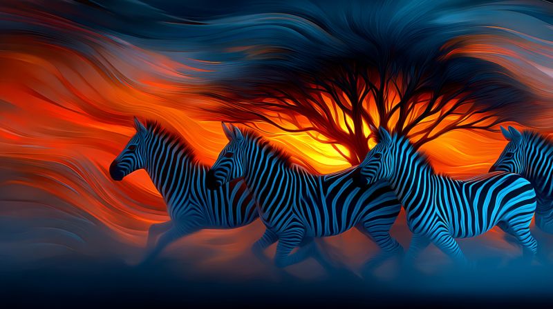 Zebra animal wildlife safari nature painting fire flame running herd group wild grassland outdoor In the foreground, four zebras are running in a line, their bodies painted in shades of blue and black with white stripes. Their manes and tails are flowing in the wind, suggesting motion. Behind them, a large tree with a fiery orange and yellow back is depicted, with its branches reaching out like arms. The background is a blend of blue and orange hues, creating a dynamic and somewhat abstract effect. The overall scene is set against a back that seems to be a sunset or sunrise, with the colors blending into each other in a somewhat surreal manner.