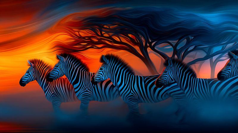 Zebre faune animal safari nature coucher soleil crepuscule soiree troupeau prairie plaines savane Il y a cinq zèbres debout en rang, faisant face dans la même direction. Leurs corps sont peints dans un motif rayé bleu et noir saisissant. Les zèbres sont placés sur fond d'un coucher de soleil orange et bleu ardent, les couleurs se mélangeant en un motif ondulé et abstrait. Derrière les zèbres, il y a la silhouette d'un grand arbre, ses branches s'étendant contre le ciel vibrant. La scène se déroule dans un environnement brumeux et atmosphérique, avec les zèbres donnant l'impression d'avancer vers l'éloignement.