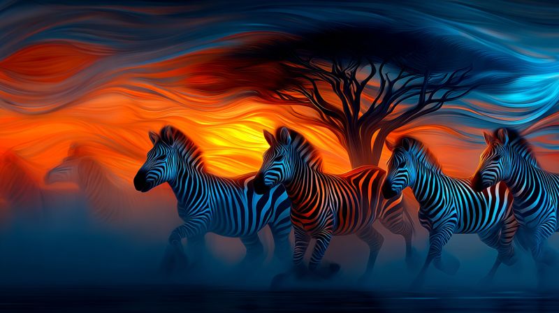 Zebre animal faune safari nature coucher soleil feu nuages ciel course troupeau herbe arbres foret Un groupe de zèbres est représenté courant en ligne, leurs rayures distinctives noires et blanches clairement visibles. Ils sont positionnés au premier plan, avec leurs corps légèrement inclinés vers la droite, suggérant le mouvement. Les zèbres sont entourés par un arrière-plan dramatique et abstrait qui présente des motifs tourbillonnants de bleu, orange et jaune, créant un sentiment de mouvement et d'énergie. Dans l'arrière-plan, il y a une silhouette d'arbre, ajoutant au sentiment de profondeur et de contexte. La scène globale est placée sur un fond qui combine des éléments de la nature et de l'art abstrait, donnant à l'image une qualité dynamique et quelque peu surréaliste.