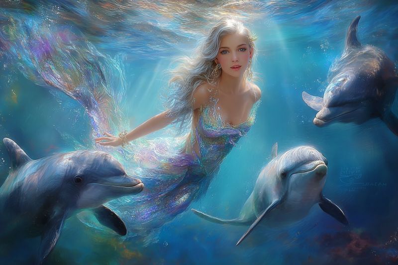Mermaid dolphins underwater fantasy ocean sea woman swimming creature mythical beautiful fish coral reef sunlight bubbles jewelry In the underwater scene, a beautiful mermaid with long, flowing blonde hair is gracefully swimming. She wears a shimmering, iridescent dress that reflects the colors of the ocean. Her expression is serene, and she has a gentle smile. Surrounding her are three dolphins, each with distinct features. The dolphin on the left has a darker gray color and a slightly open mouth. The one in the center is lighter and appears to be looking directly at the mermaid. The dolphin on the right is also lighter and has a curious expression. The background is a deep blue ocean with sunlight filtering through, creating a magical and enchanting atmosphere.