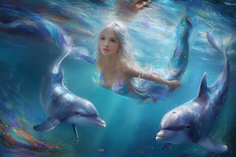 Mermaid dolphin underwater fantasy ocean sea creature swimming water fish beautiful nature mythology legend fairytale aquatic colorful imagination In the underwater scene, a mermaid with long, flowing blonde hair and a shimmering tail is swimming gracefully. She has a serene expression and is surrounded by two dolphins. The dolphins are facing each other, with one dolphin on the left side of the mermaid and the other on the right. The water is a deep blue color, and there are bubbles and light rays creating a magical atmosphere. The mermaid's tail has a beautiful, iridescent pattern, and the dolphins have a sleek, streamlined appearance.