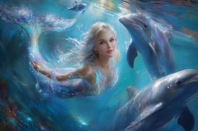 Mermaid dolphin underwater ocean fantasy sea creature woman swimming tail fish beauty expression water bubbles In the underwater scene, a beautiful mermaid with long, flowing blonde hair is swimming gracefully. She wears a shimmering, iridescent dress that reflects the colors of the ocean. Her tail is a vibrant mix of blues, greens, and purples, with delicate scales that catch the light. She is surrounded by playful dolphins, one of which is swimming directly towards her, while another is swimming in the background. The water is clear and filled with tiny bubbles, and the background is a deep blue with hints of coral and other marine life.